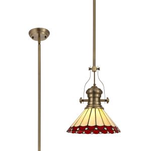 Adolfo 1 Light Pendant E27 With 30cm Tiffany Shade, Antique Brass/Red/Cream/Crystal