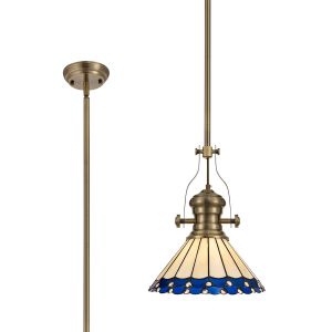Adolfo 1 Light Pendant E27 With 30cm Tiffany Shade, Antique Brass/Blue/Cmozarella/Crystal