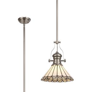 Adolfo 1 Light Pendant E27 With 30cm Tiffany Shade, Polished Nickel/Grey/Cream/Crystal