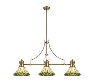 Adolfo 3 Light Linear Pendant E27 With 30cm Tiffany Shade, Antique Brass, Green, Cream, Crystal