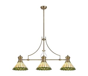 Adolfo 3 Light Linear Pendant E27 With 30cm Tiffany Shade, Antique Brass, Green, Cmozarella, Crystal