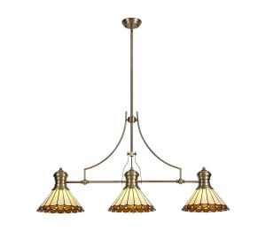 Adolfo 3 Light Linear Pendant E27 With 30cm Tiffany Shade, Antique Brass, Amber, Cream, Crystal