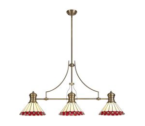 Adolfo 3 Light Linear Pendant E27 With 30cm Tiffany Shade, Antique Brass, Red, Cream, Crystal