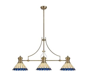 Adolfo 3 Light Linear Pendant E27 With 30cm Tiffany Shade, Antique Brass, Blue, Cmozarella, Crystal