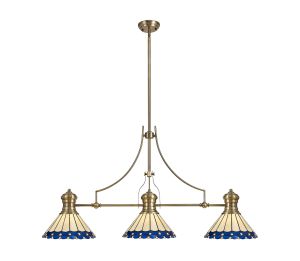 Adolfo 3 Light Linear Pendant E27 With 30cm Tiffany Shade, Antique Brass, Blue, Cream, Crystal