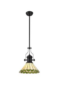 Adolfo 1 Light Pendant E27 With 30cm Tiffany Shade, Matt Black/Green/Cmozarella/Crystal