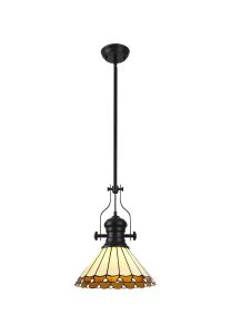 Adolfo 1 Light Pendant E27 With 30cm Tiffany Shade, Matt Black/Amber/Cream/Crystal