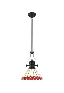 Adolfo 1 Light Pendant E27 With 30cm Tiffany Shade, Matt Black/Red/Cream/Crystal