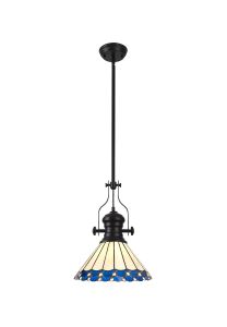 Adolfo 1 Light Pendant E27 With 30cm Tiffany Shade, Matt Black/Blue/Cream/Crystal