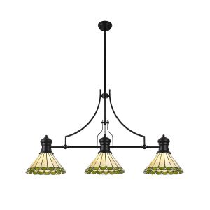 Adolfo 3 Light Linear Pendant E27 With 30cm Tiffany Shade, Matt Black, Green, Cream, Crystal