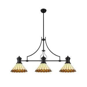 Adolfo 3 Light Linear Pendant E27 With 30cm Tiffany Shade, Matt Black, Amber, Cream, Crystal