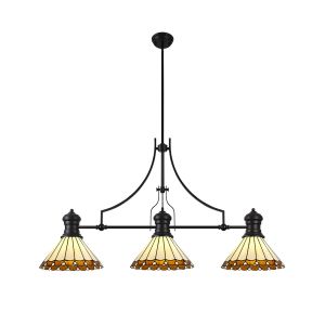 Adolfo 3 Light Linear Pendant E27 With 30cm Tiffany Shade, Matt Black, Amber, Cmozarella, Crystal