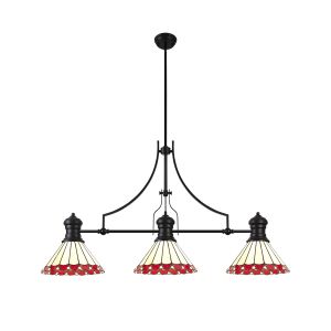 Adolfo 3 Light Linear Pendant E27 With 30cm Tiffany Shade, Matt Black, Red, Cream, Crystal