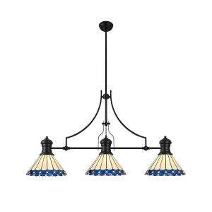 Adolfo 3 Light Linear Pendant E27 With 30cm Tiffany Shade, Matt Black, Blue, Cream, Crystal