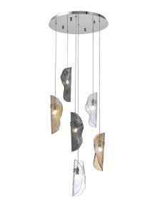 Alfonso Pendant 2.5m, 6 x G9, Polished Chrome / Clear & Amber & Smoked Glass