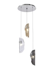 Alfonso Pendant 2m, 3 x G9, Polished Chrome / Clear & Amber & Smoked Glass