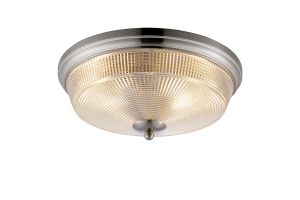 Moca 34cm 2 Light E27 Flush Ceiling Light, IP44, Satin Nickel/Prismatic Glass