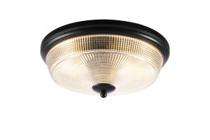 Moca 34cm 2 Light E27 Flush Ceiling Light, IP44, Satin Black/Prismatic Glass