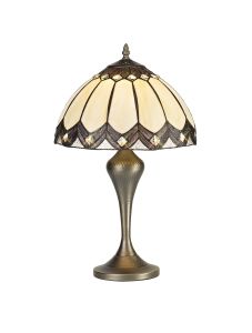 Arteatto Tiffany Table Lamp, 1 x E27, Aged Antique Brass Base/Cream/Brown Glass/Clear Crystal