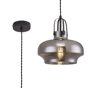 Rosson 23cm Single Pendant 1 Light E27, Satin Black/Smoke Plated Glass