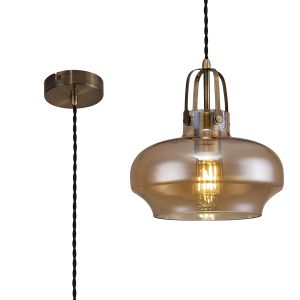 Rosson 23cm Single Pendant 1 Light E27, Antique Brass/Amber Plated Glass