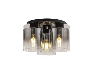 Nu Blok Round Ceiling Flush, 3 Light Flush Fitting, Black/Smoke Fade Glass