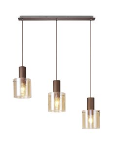 Nu Blok Linear Pendant, 3 Light Adjustable E27, Mocha/Amber Fade Glass