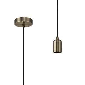 Briciole 10cm 1m 1 Light Pendant Antique Brass/Black Braided Cable, E27 Max 60W, c/w Ceiling Bracket & Deeper Shade Ring