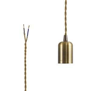 Briciole 4.7cm E27 Lampholder Antique Brass With 3m Golden Brown Braided Twisted Cable & Deeper Shade Ring, Suitable For Shades & Cages