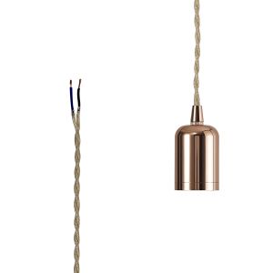 Briciole 4.7cm E27 Lampholder Rose Gold With 3m Rose Gold Braided Twisted Cable & Deeper Shade Ring, Suitable For Shades & Cages