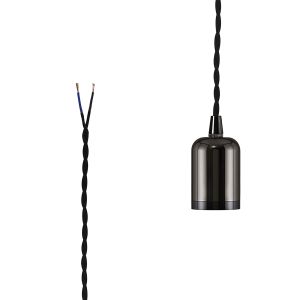 Briciole 4.7cm E27 Lampholder Black Chrome With 3m Black Braided Twisted Cable & Deeper Shade Ring, Suitable For Shades & Cages