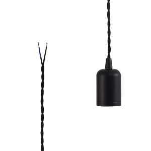 Briciole 4.7cm E27 Lampholder Black With 3m Black Braided Twisted Cable & Deeper Shade Ring, Suitable For Shades & Cages