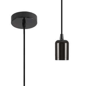 Briciole 10cm 2m 1 Light Pendant Black Chrome/Black Braided Cable, E27 Max 60W, c/w Ceiling Bracket & Deeper Shade Ring