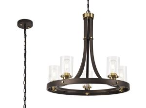 Weber Pendant 5 Light E27, Brown Oxide/Bronze With Clear Glass Shades