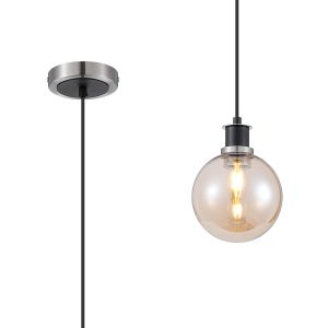 Jestero 1.3m Pendant, 1 Light E14 With 15cm Round Glass Shade, Satin Nickel, Amber Plated & Satin Black