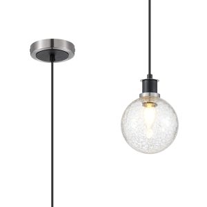 Jestero 1.3m Pendant, 1 Light E14 With 15cm Round Crackled Glass Shade, Satin Nickel, Clear & Satin Black