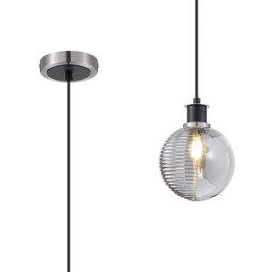 Jestero 1.3m Pendant, 1 Light E14 With 15cm Round Double Textured Smooth / Ribbed Glass Shade, Satin Nickel, Smoke Plated & Satin Black