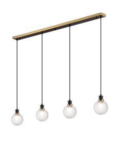 Jestero 1.3m Linear Pendant, 4 Light E14 With 15cm Round Textured Diamond Pattern Glass Shade, Brass, Clear & Satin Black