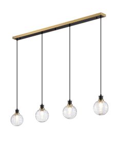 Jestero 1.3m Linear Pendant, 4 Light E14 With 15cm Round Textured Melting Glass Shade, Brass, Clear & Satin Black