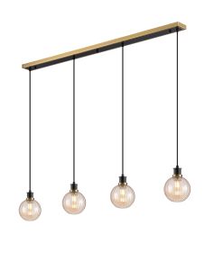 Jestero 1.3m Linear Pendant, 4 Light E14 With 15cm Round Segment Glass Shade, Brass, Amber Plated & Satin Black