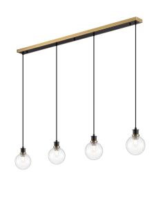 Jestero 1.3m Linear Pendant, 4 Light E14 With 15cm Round Segment Glass Shade, Brass, Clear & Satin Black