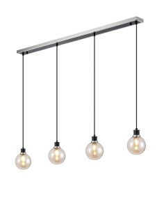 Jestero 1.3m Linear Pendant, 4 Light E14 With 15cm Round Glass Shade, Satin Nickel, Amber Plated & Satin Black