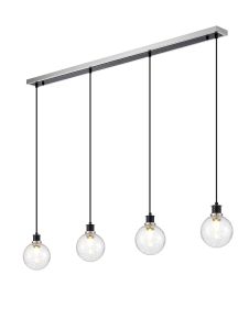 Jestero 1.3m Linear Pendant, 4 Light E14 With 15cm Round Crackled Glass Shade, Satin Nickel, Clear & Satin Black