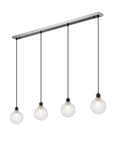 Jestero 1.3m Linear Pendant, 4 Light E14 With 15cm Round Dimpled Glass Shade, Satin Nickel, Clear & Satin Black