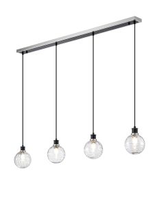 Jestero 1.3m Linear Pendant, 4 Light E14 With 15cm Round Textured Melting Glass Shade, Satin Nickel, Clear & Satin Black