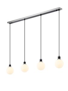Jestero 1.3m Linear Pendant, 4 Light E14 With 15cm Round Glass Shade, Satin Nickel, Opal & Satin Black