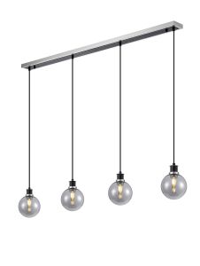 Jestero 1.3m Linear Pendant, 4 Light E14 With 15cm Round Glass Shade, Satin Nickel, Smoke Plated & Satin Black