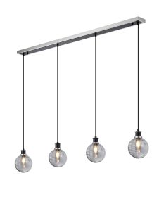 Jestero 1.3m Linear Pendant, 4 Light E14 With 15cm Round Double Textured Smooth/Ribbed Glass Shade, Satin Nickel, Smoke Plated & Satin Black