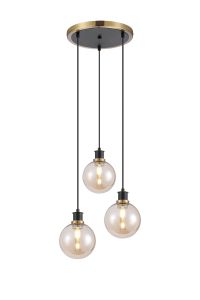 Jestero 38cm Round Pendant, 3 Light E14 With 15cm Round Glass Shade, Brass, Amber Plated & Satin Black