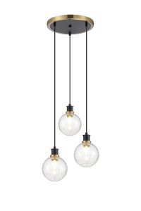 Jestero 38cm Round Pendant, 3 Light E14 With 15cm Round Crackled Glass Shade, Brass, Clear & Satin Black